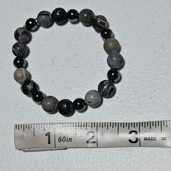 Natural Stone Beaded Bracelet Black Gray Tones Classic Minimalist Jewelry Women - Picture 3 of 3